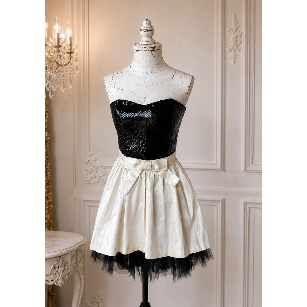 Vintage Betsey Johnson Sequin Dress Strapless Black White Bow Tulle Prom Y2K  4